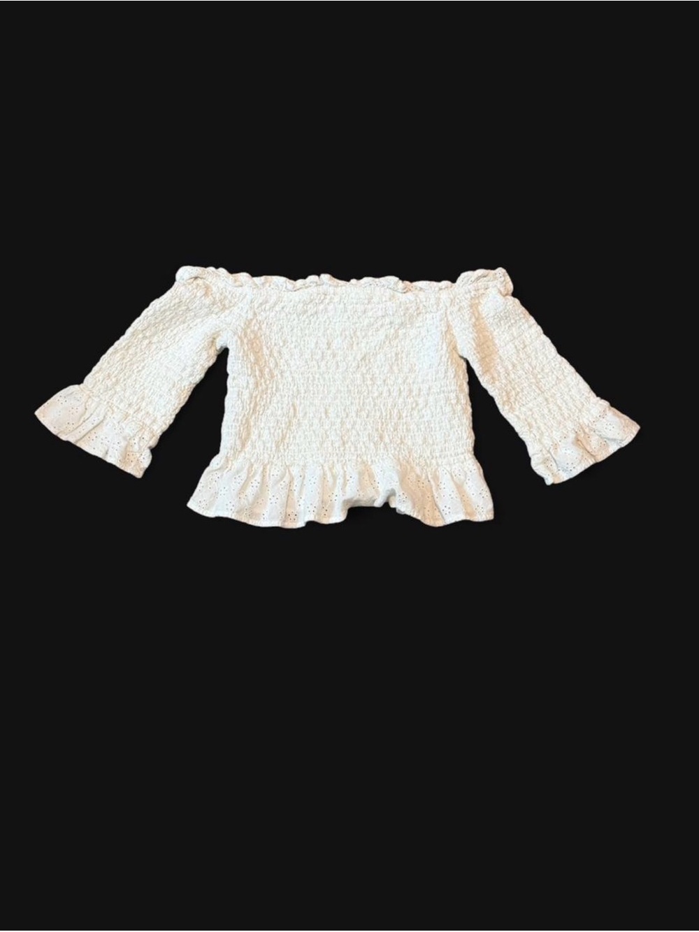 American Eagle White Smocked Off Shoulder Eyelet Ruffle Top XS - Picture 3 of 9